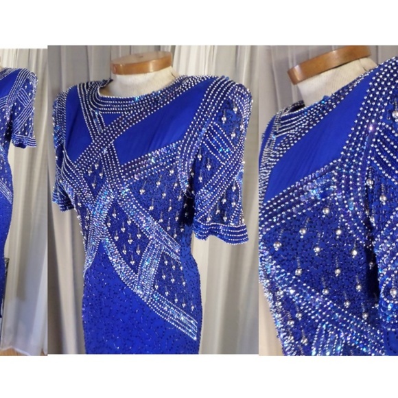 Vintage Long Blue Silk Gown Gold Beads Large Kazar - Picture 2 of 8